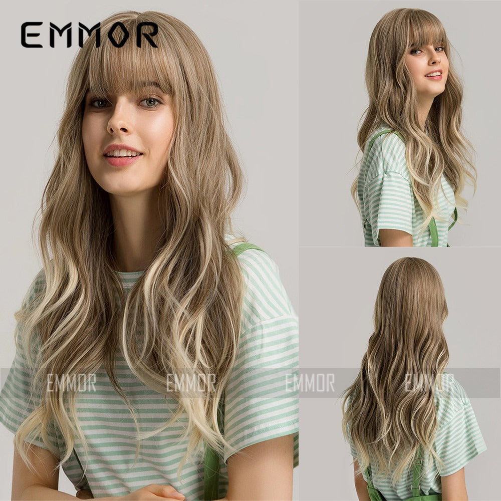 Emmor - Black Brown Bangs Long Curly Hair Natural Full Head Chemical Fiber Wig