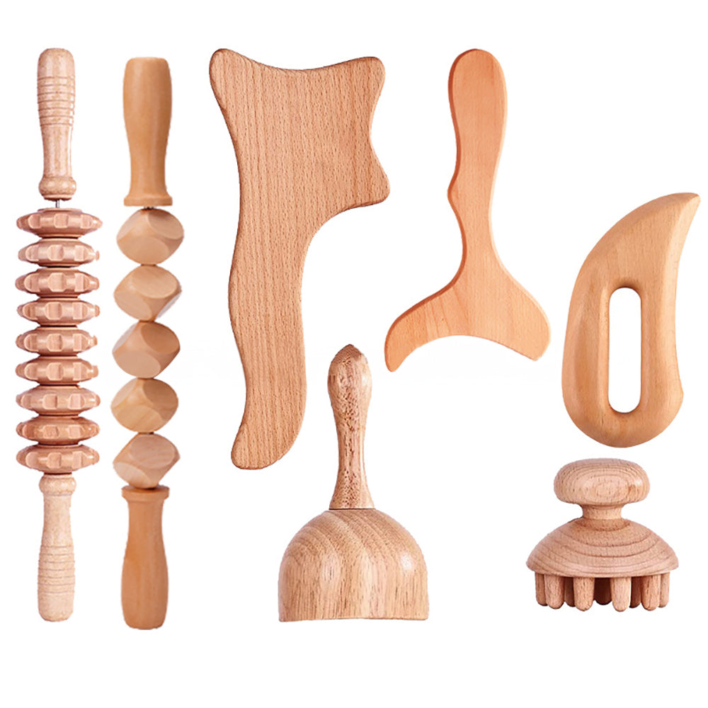 Beech Wood - Therapeutic Scraping Cup, Meridian Dredging Roller, Tendon Rolling Stick, Scraping Board, & Head Massager Massage Set
