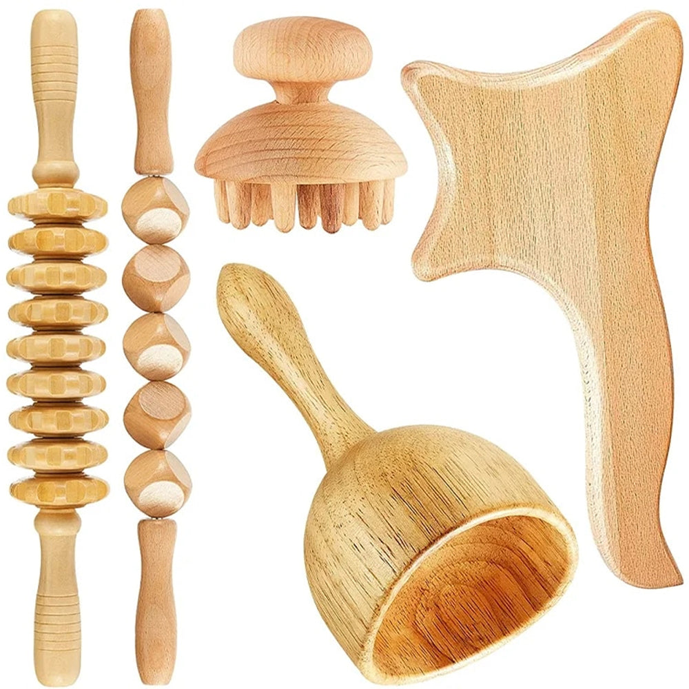 Beech Wood - Therapeutic Scraping Cup, Meridian Dredging Roller, Tendon Rolling Stick, Scraping Board, & Head Massager Massage Set