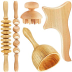 Beech Wood - Therapeutic Scraping Cup, Meridian Dredging Roller, Tendon Rolling Stick, Scraping Board, & Head Massager Massage Set