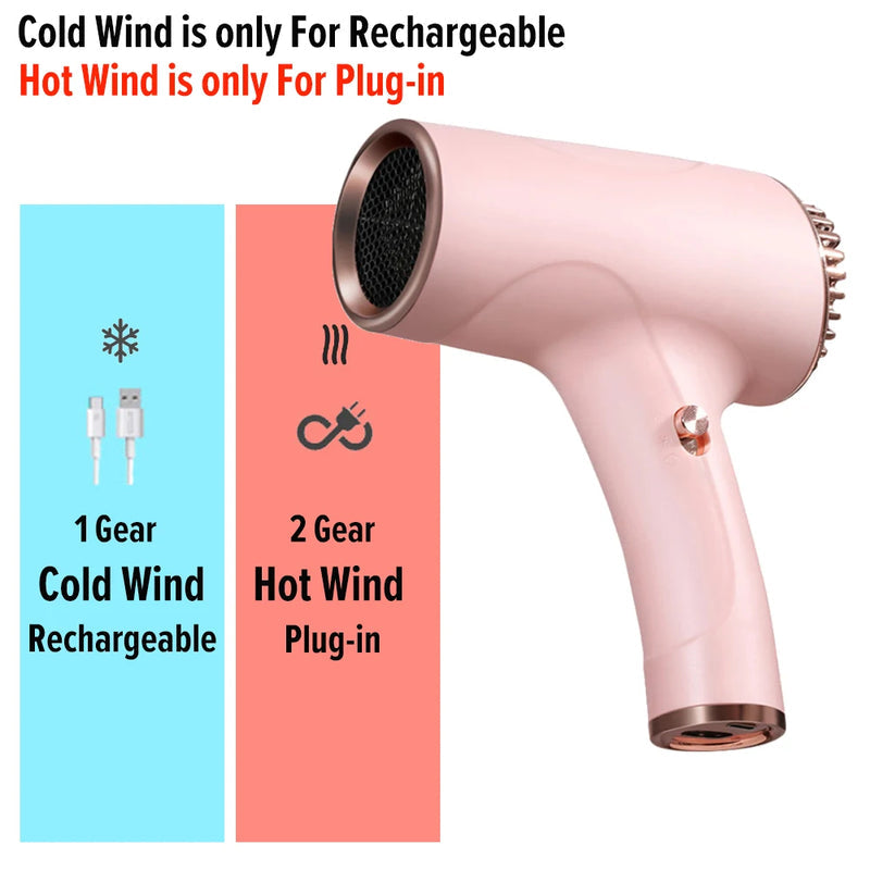2600mAh Cordless Anion Blow Dryer 40/500W USB Rechargeable
