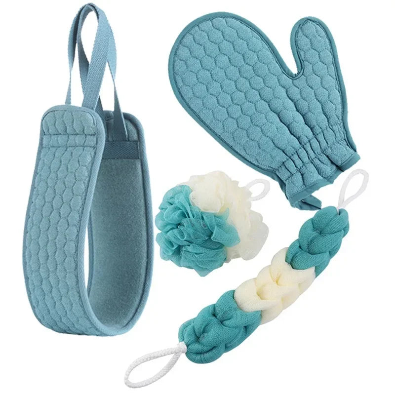 4PCS Exfoliating Bath Set (1 Back Scrubber, 1 Mitten Scrubber, 1 Long & 1 Round Scrubber)