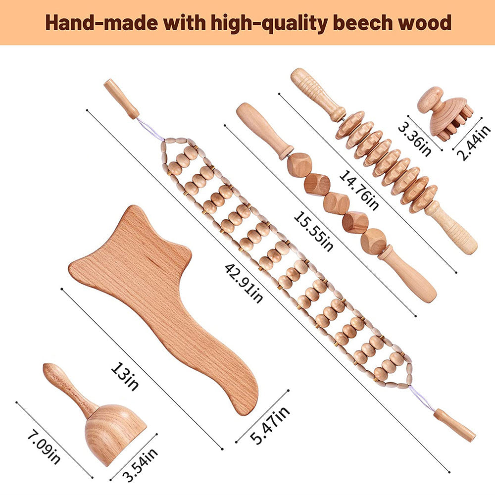 Beech Wood - Therapeutic Scraping Cup, Meridian Dredging Roller, Tendon Rolling Stick, Scraping Board, & Head Massager Massage Set