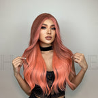 Autumn Ombré- Long Curly Hair 24” Women's Wig Set In The Middle Part Orange Pink