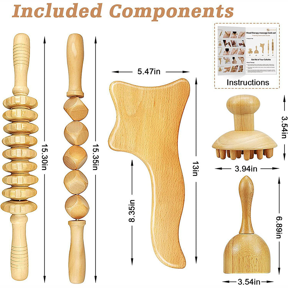 Beech Wood - Therapeutic Scraping Cup, Meridian Dredging Roller, Tendon Rolling Stick, Scraping Board, & Head Massager Massage Set
