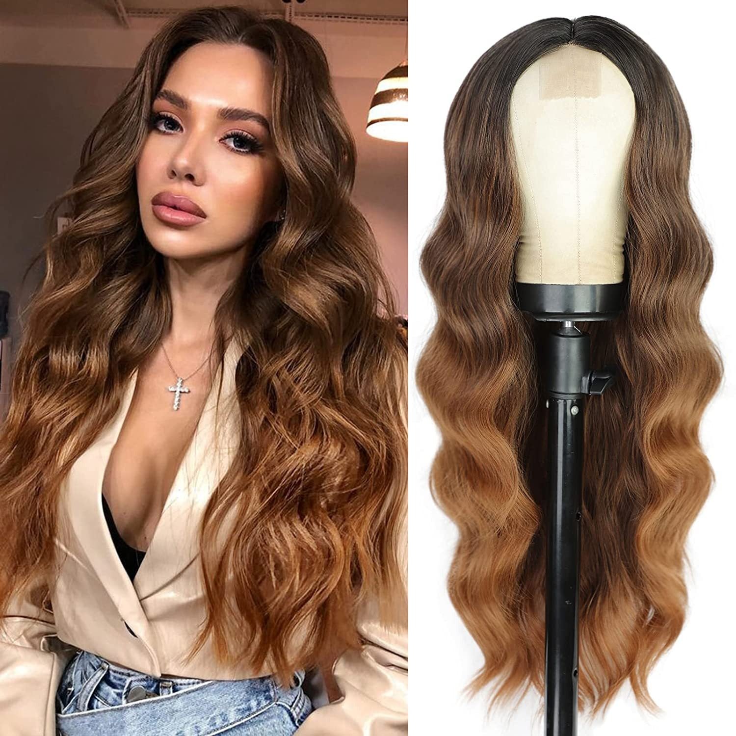 Multi Colored - Small Center Split Large Wavy Long Curly Front Lace Wigs