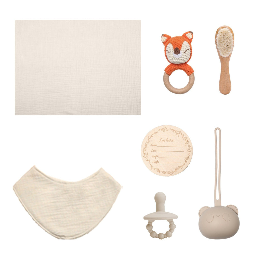 Baby's Gift Set (Toy, Baby Bath Towel, Wool Brush, pacifier set, Bib, and Silicone Cradle Cap Brush)