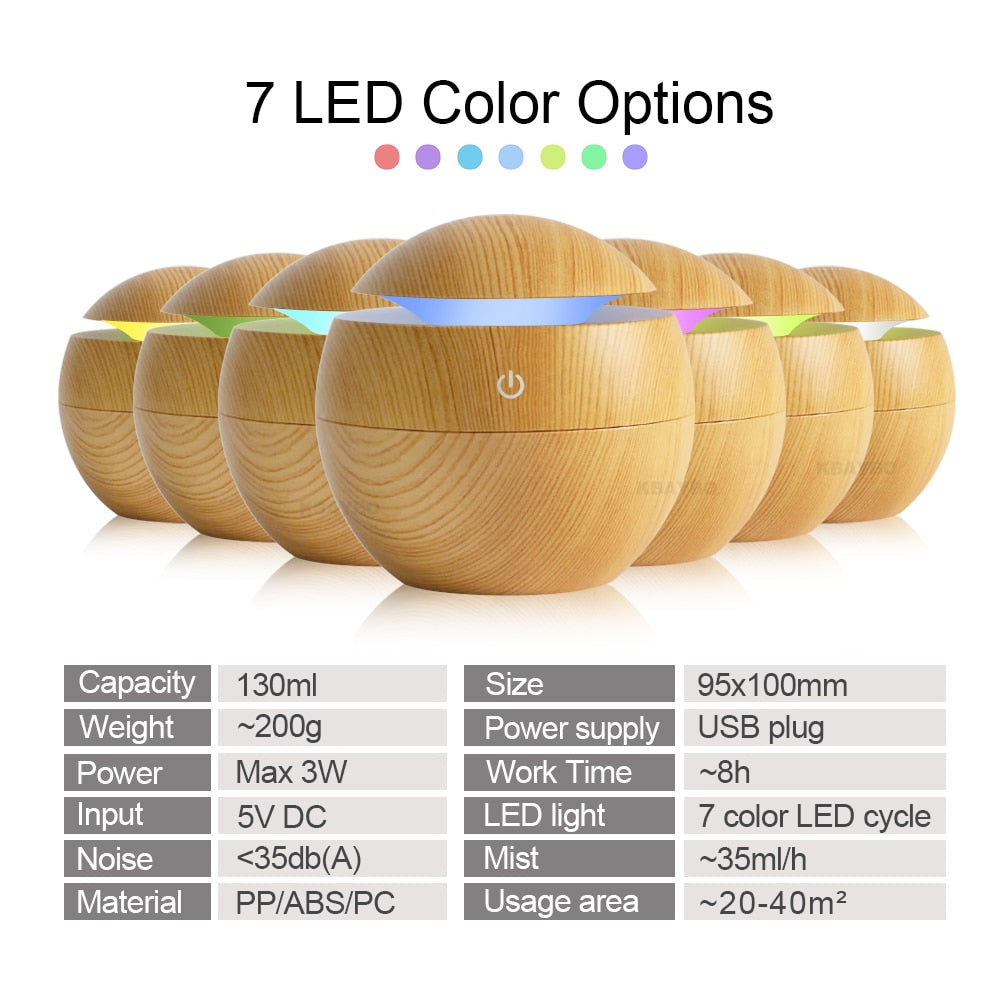 Natural Wood - Ultrasonic 7 Color LED Humidifier & Aromatherapy Diffuser