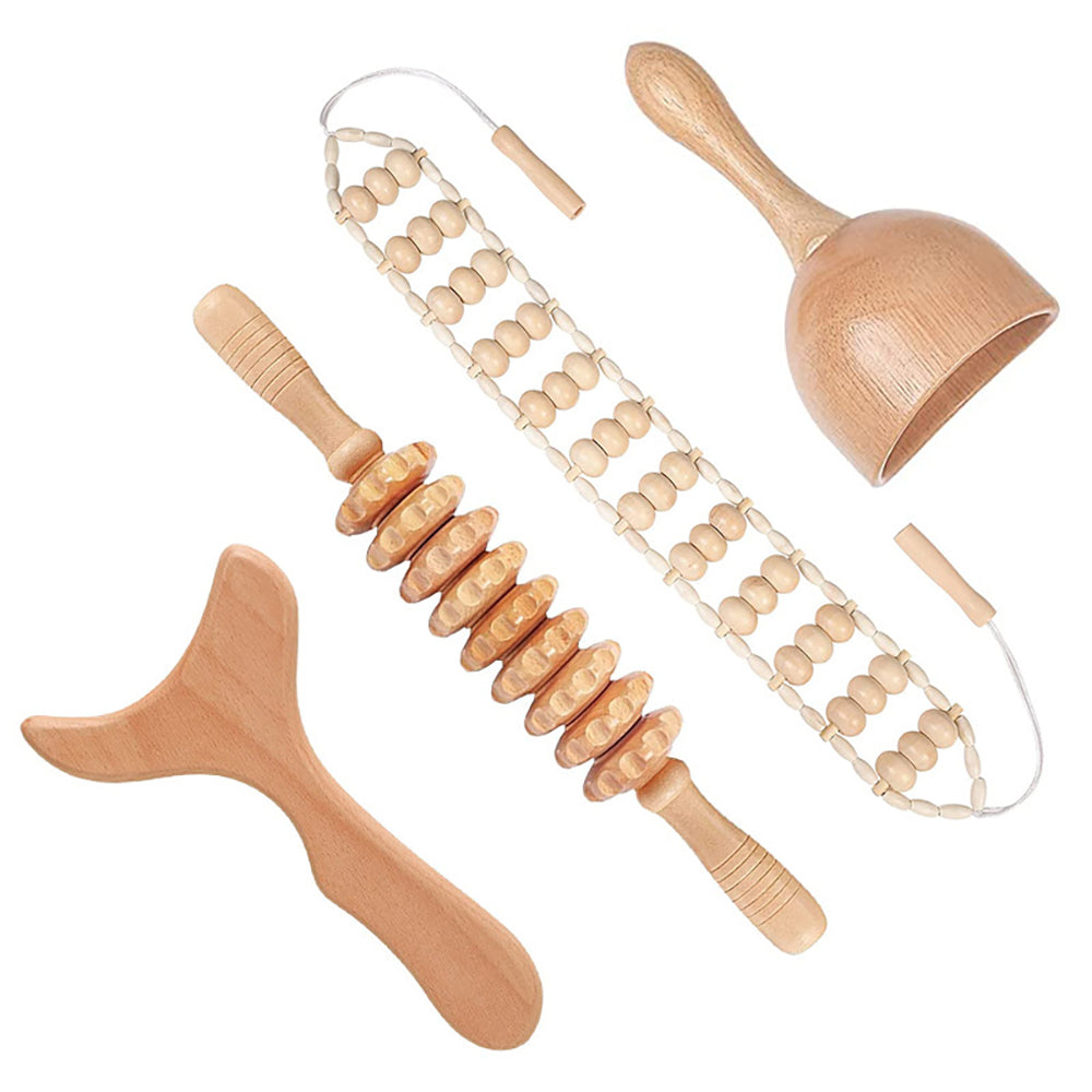 Beech Wood - Therapeutic Scraping Cup, Meridian Dredging Roller, Tendon Rolling Stick, Scraping Board, & Head Massager Massage Set