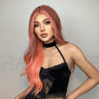 Autumn Ombré- Long Curly Hair 24” Women's Wig Set In The Middle Part Orange Pink