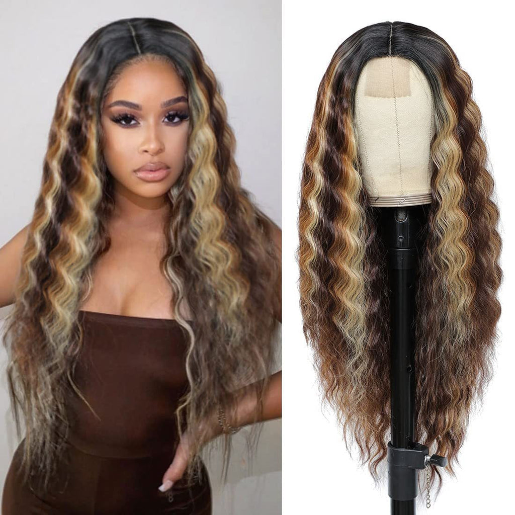 Multi Colored - Center Deep Wave Long Curly Headband Lace Wigs