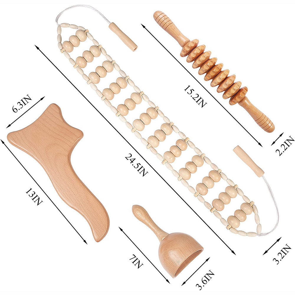 Beech Wood - Therapeutic Scraping Cup, Meridian Dredging Roller, Tendon Rolling Stick, Scraping Board, & Head Massager Massage Set