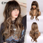 Emmor - Black Brown Bangs Long Curly Hair Natural Full Head Chemical Fiber Wig
