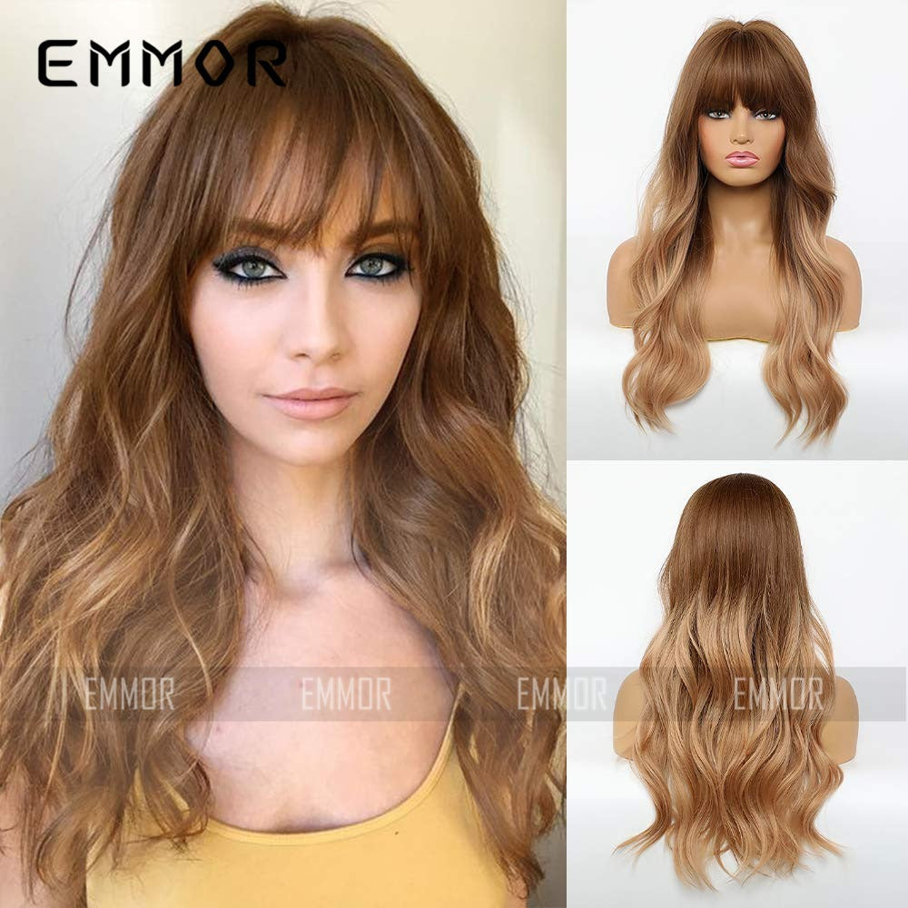 Emmor - Black Brown Bangs Long Curly Hair Natural Full Head Chemical Fiber Wig