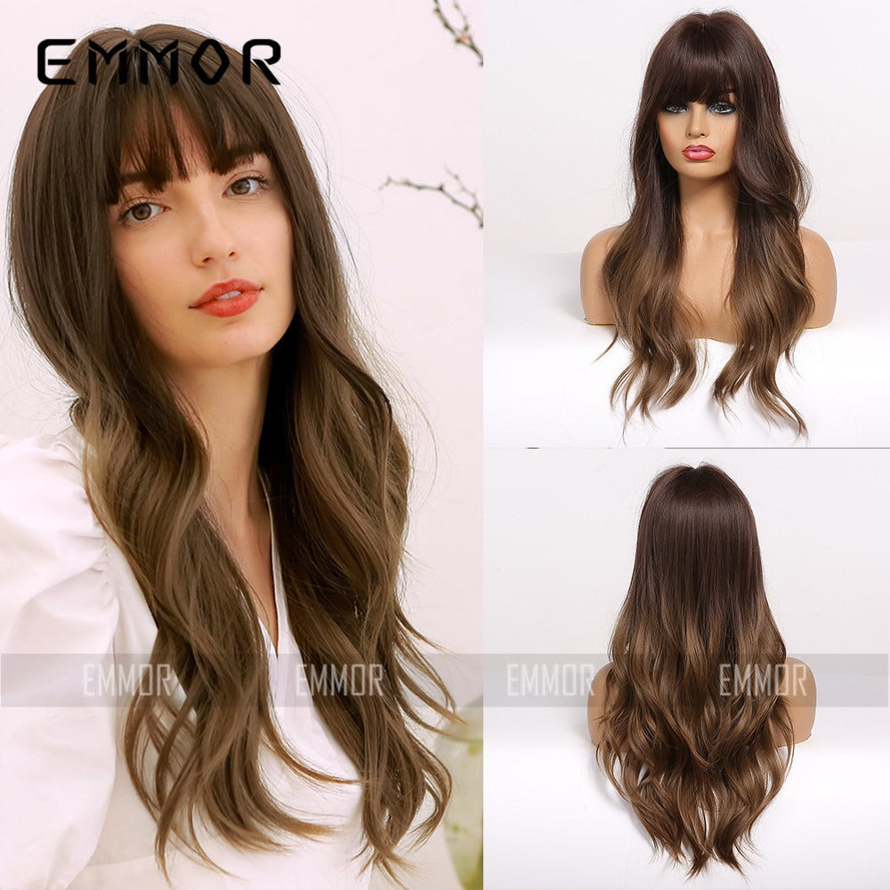 Emmor - Black Brown Bangs Long Curly Hair Natural Full Head Chemical Fiber Wig