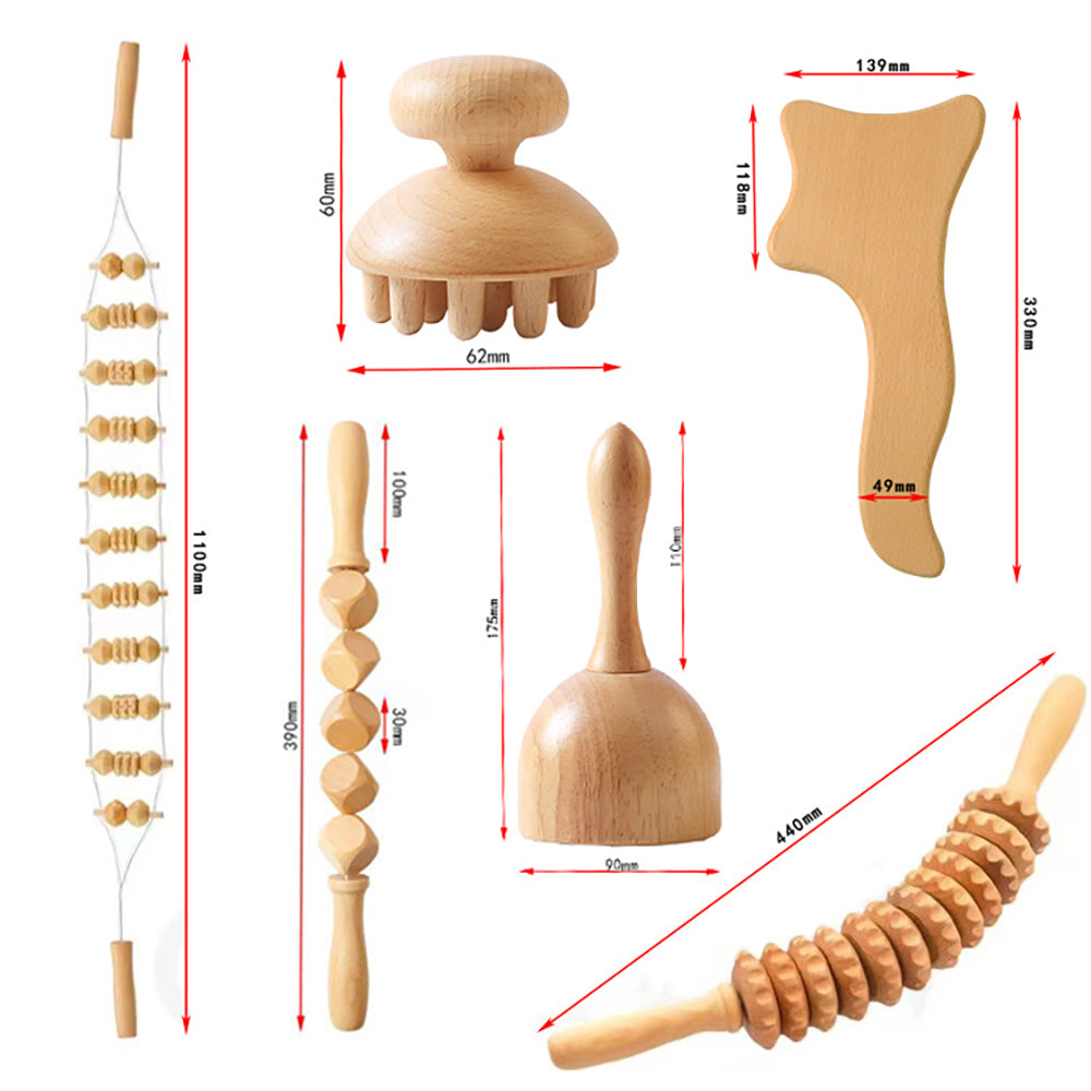 Beech Wood - Therapeutic Scraping Cup, Meridian Dredging Roller, Tendon Rolling Stick, Scraping Board, & Head Massager Massage Set
