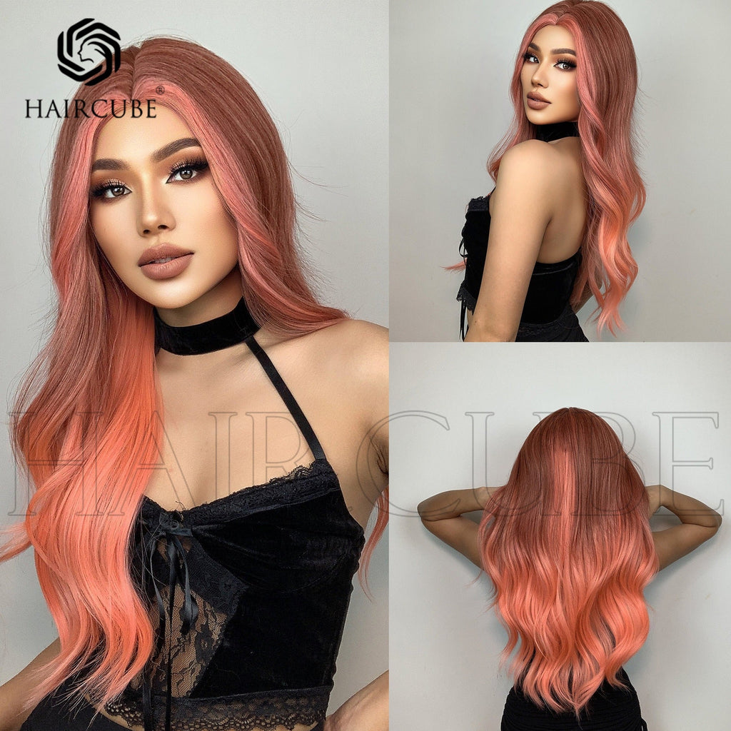 Autumn Ombré- Long Curly Hair 24” Women's Wig Set In The Middle Part Orange Pink