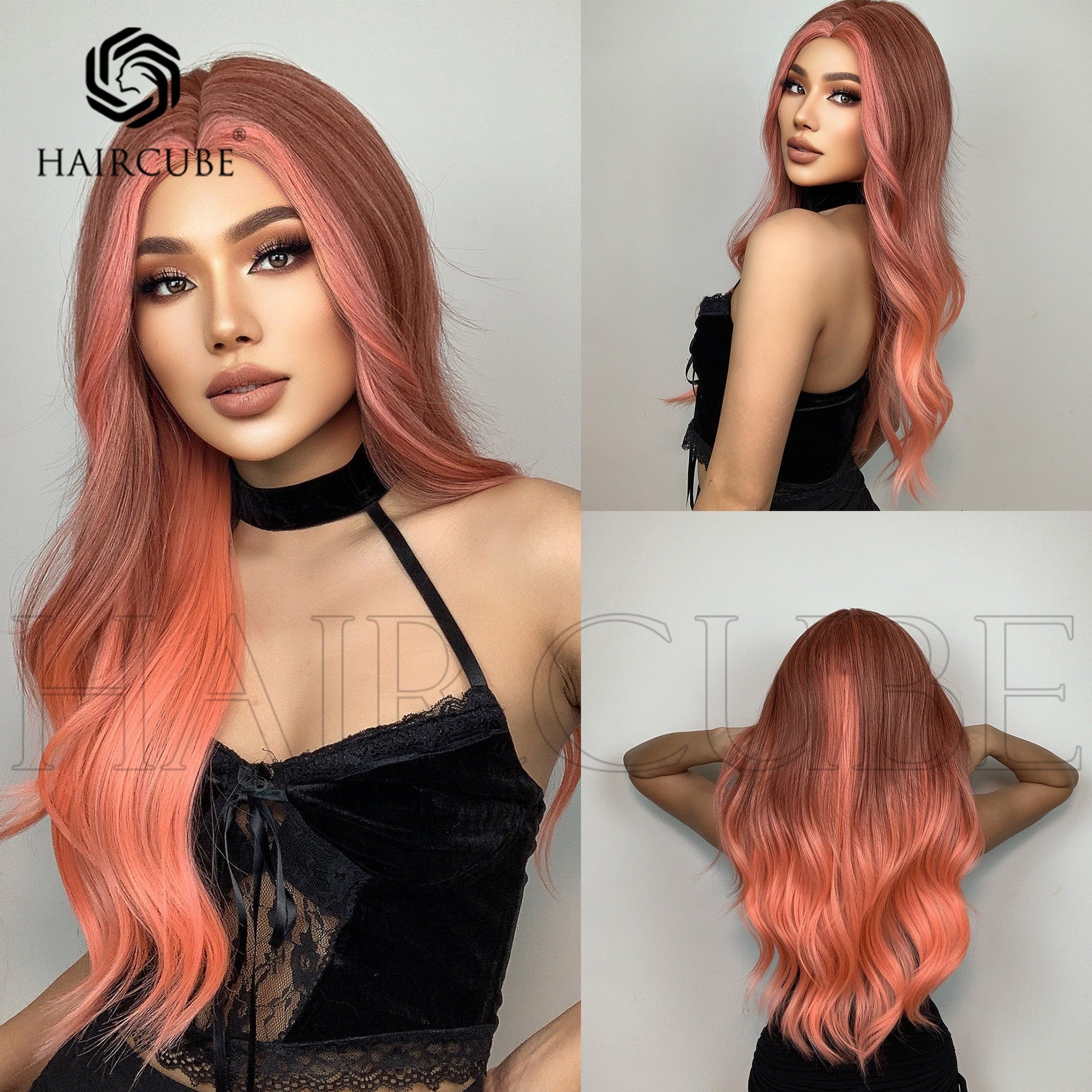 Autumn Ombré- Long Curly Hair 24” Women's Wig Set In The Middle Part Orange Pink