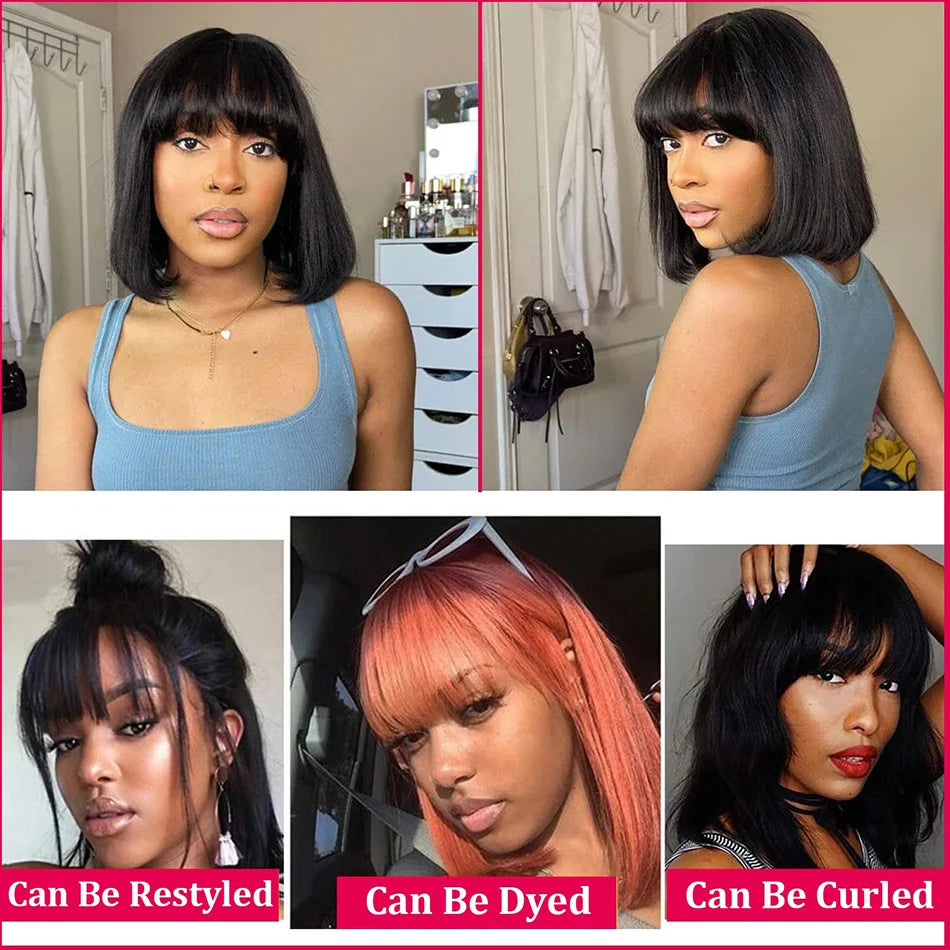 Black - Nicki Middle Part HD Lace Bone Straight Bob With Bangs Short Full Machine Made Human Hair Wig 8” - 14”