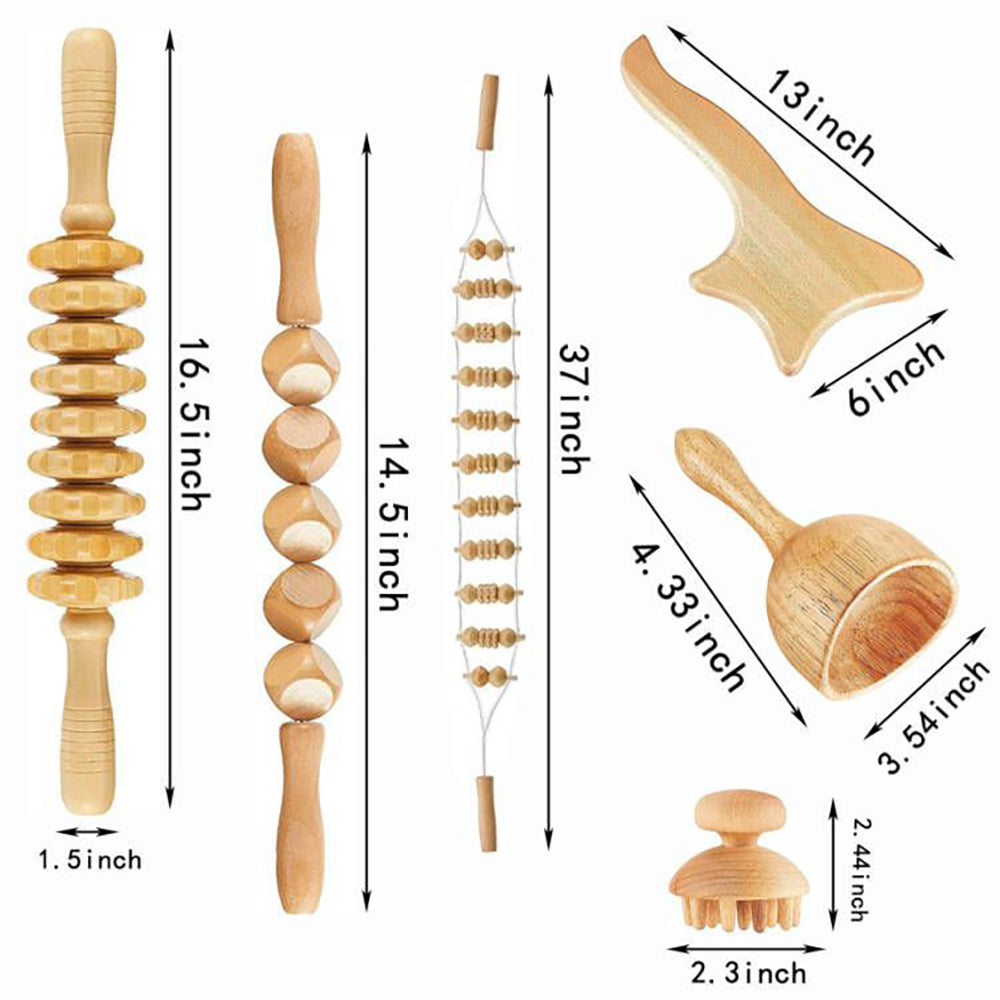 Beech Wood - Therapeutic Scraping Cup, Meridian Dredging Roller, Tendon Rolling Stick, Scraping Board, & Head Massager Massage Set