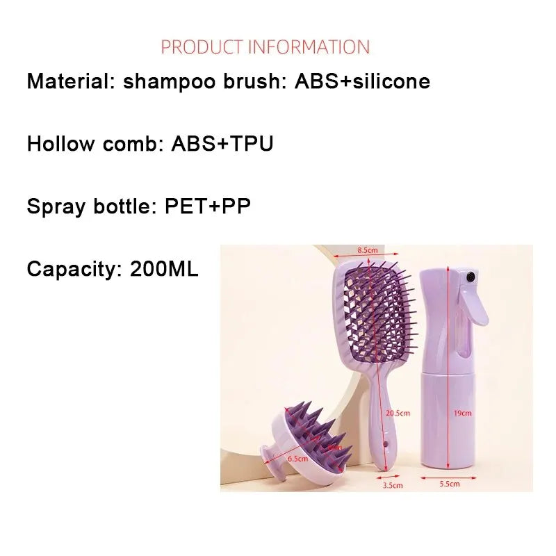 Hollow Comb, Spray Bottle (200ml), Silicone Scalp Massage Brush Set