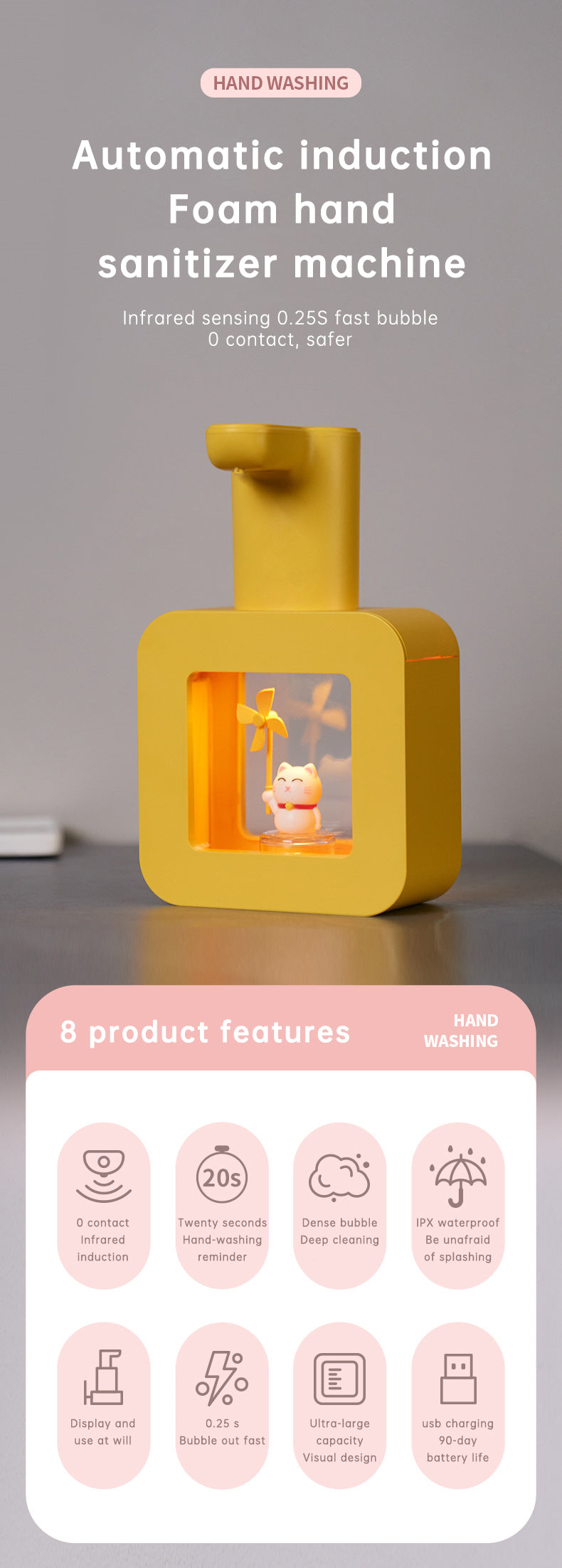Cute Cat Rechargeable Touchless Automatic Soap Dispenser 400ml with Night Light
