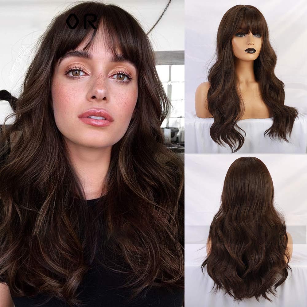 Emmor - Black Brown Bangs Long Curly Hair Natural Full Head Chemical Fiber Wig