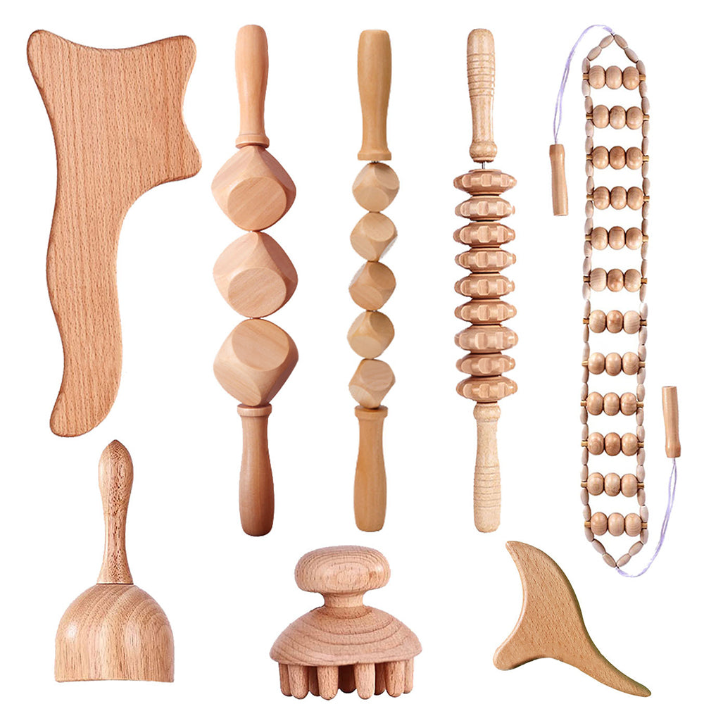 Beech Wood - Therapeutic Scraping Cup, Meridian Dredging Roller, Tendon Rolling Stick, Scraping Board, & Head Massager Massage Set