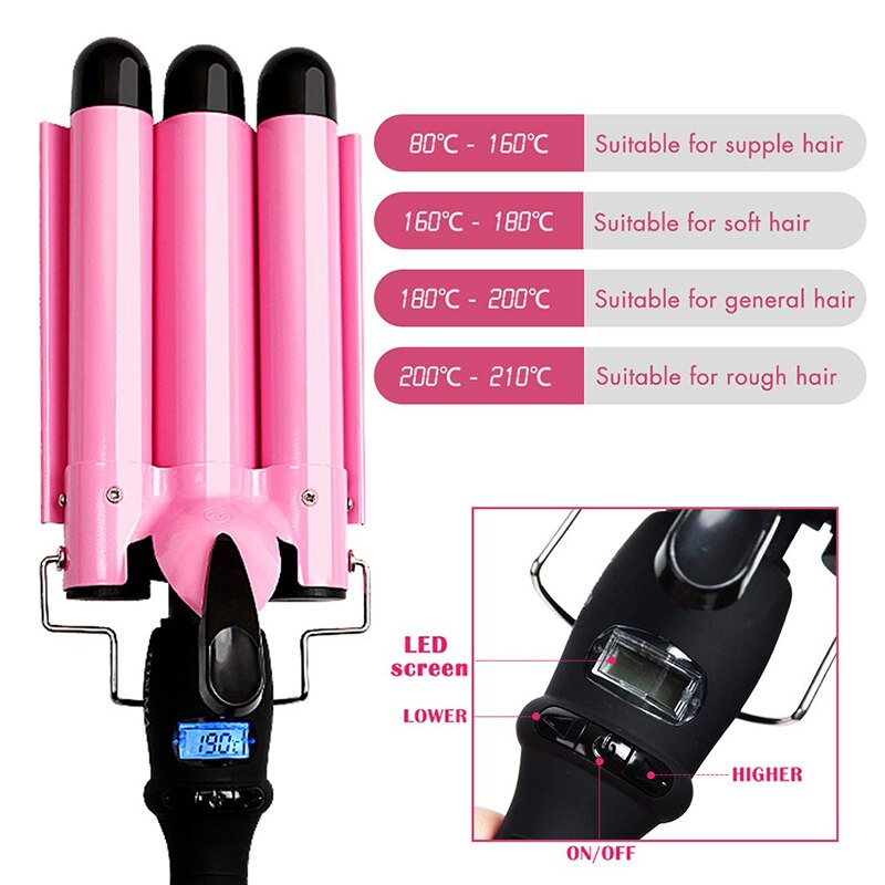 Deep Wave Iron LED Ceramic Triple Barrel Hair Irons Hair Waver Wand
