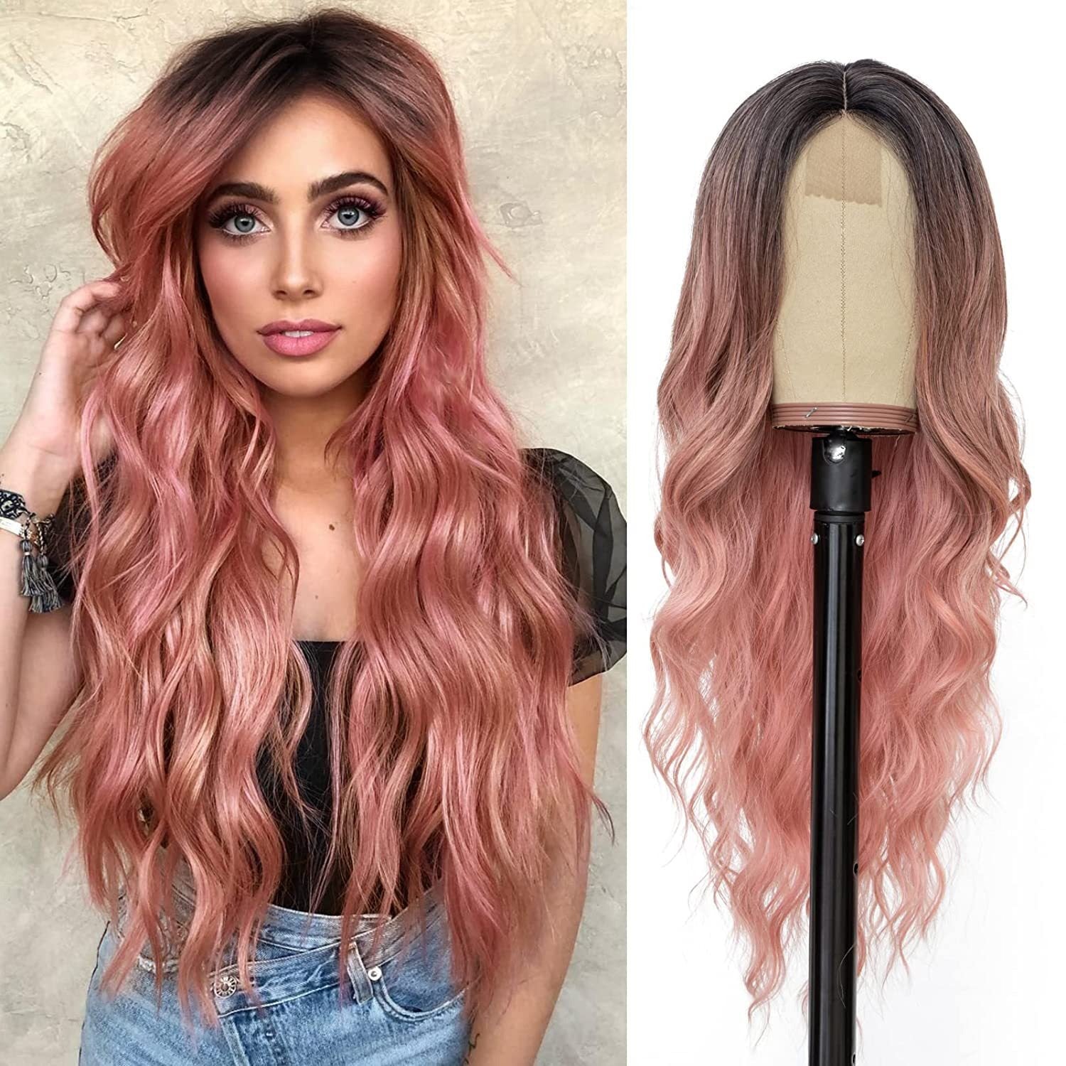 Multi Colored - Small Center Split Large Wavy Long Curly Front Lace Wigs