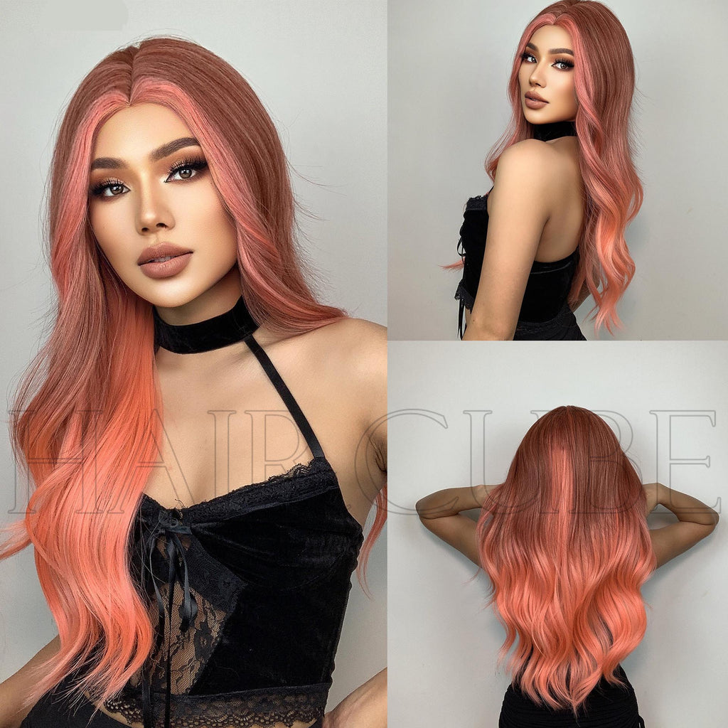 Autumn Ombré- Long Curly Hair 24” Women's Wig Set In The Middle Part Orange Pink