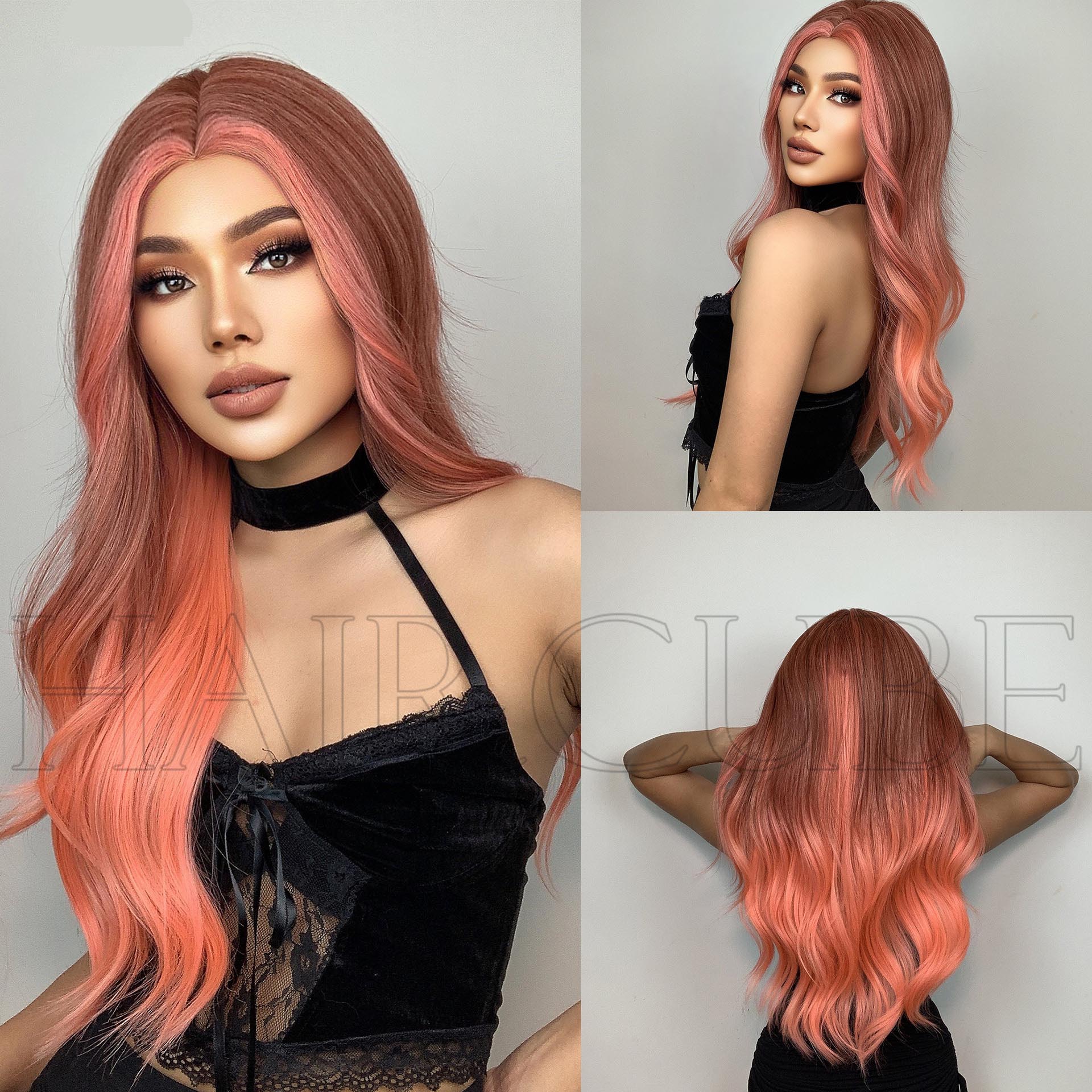 Autumn Ombré- Long Curly Hair 24” Women's Wig Set In The Middle Part Orange Pink