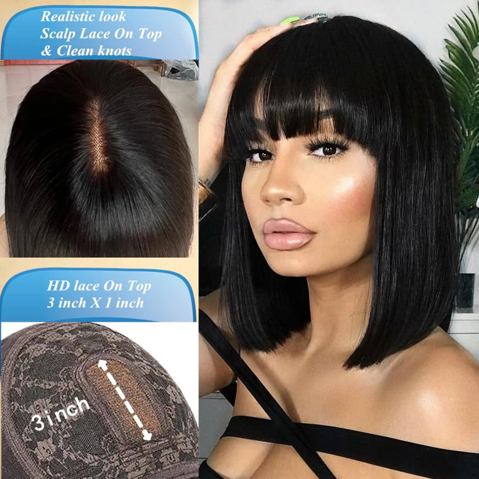 Black - Nicki Middle Part HD Lace Bone Straight Bob With Bangs Short Full Machine Made Human Hair Wig 8” - 14”