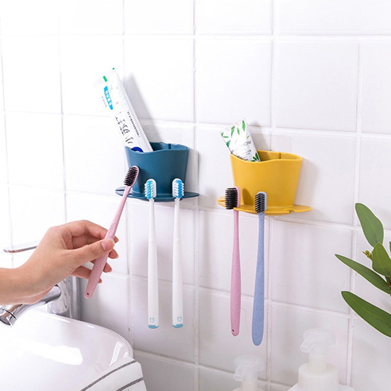 Toothbrush & Toothpaste Holder - Non-Perforated Wall Mounted Multifunctional Rack