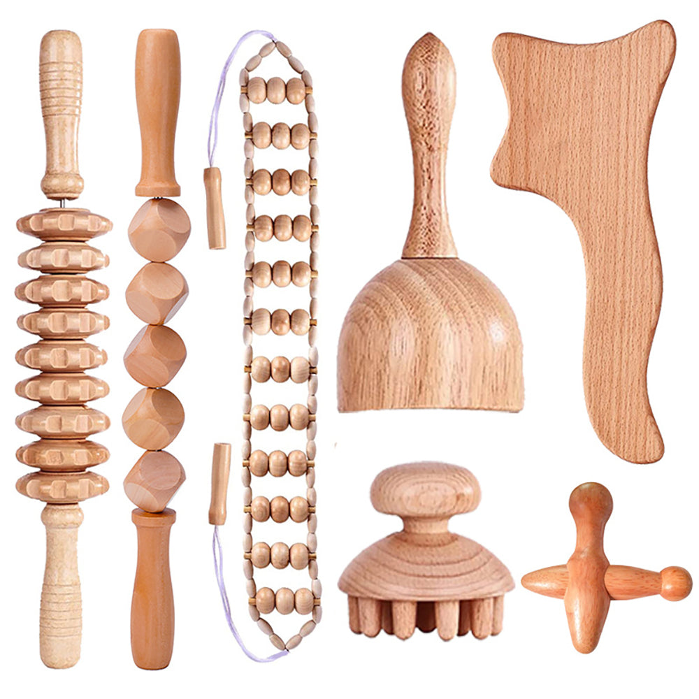 Beech Wood - Therapeutic Scraping Cup, Meridian Dredging Roller, Tendon Rolling Stick, Scraping Board, & Head Massager Massage Set