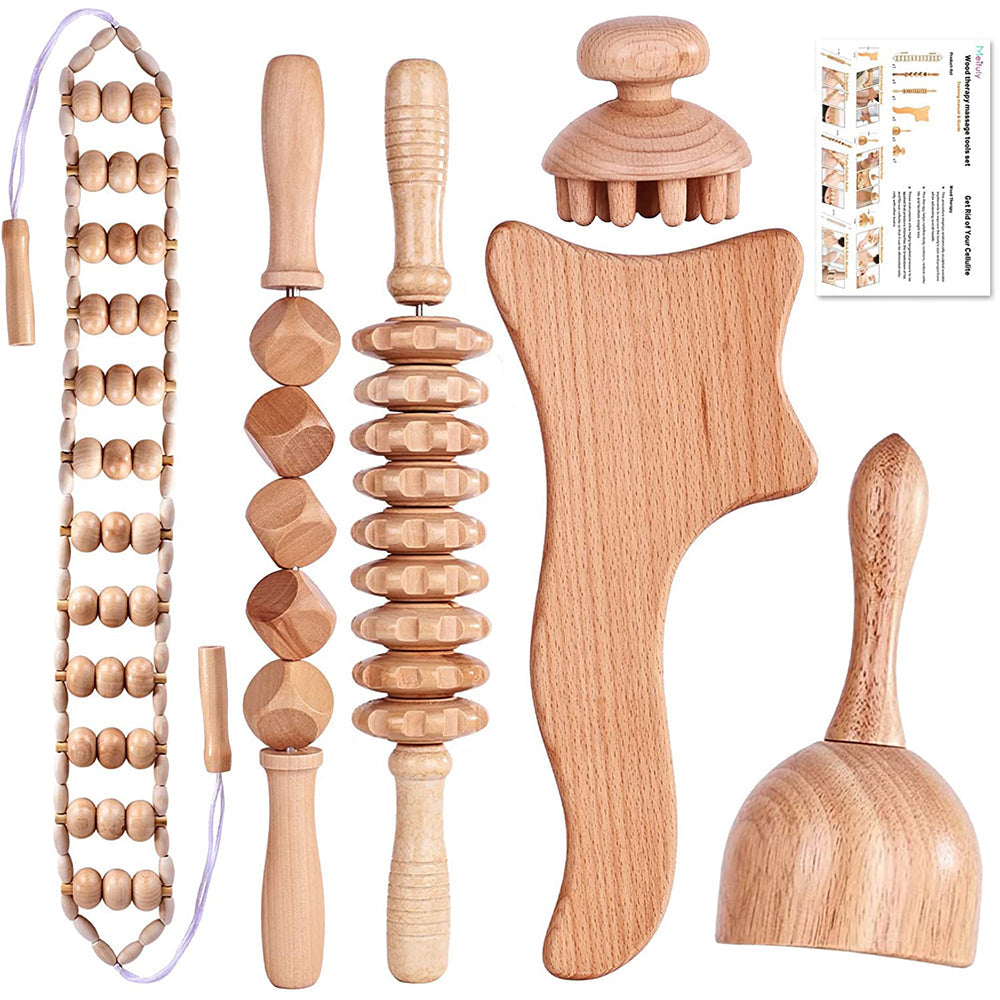 Beech Wood - Therapeutic Scraping Cup, Meridian Dredging Roller, Tendon Rolling Stick, Scraping Board, & Head Massager Massage Set