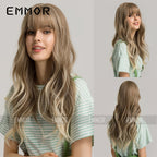 Emmor - Black Brown Bangs Long Curly Hair Natural Full Head Chemical Fiber Wig