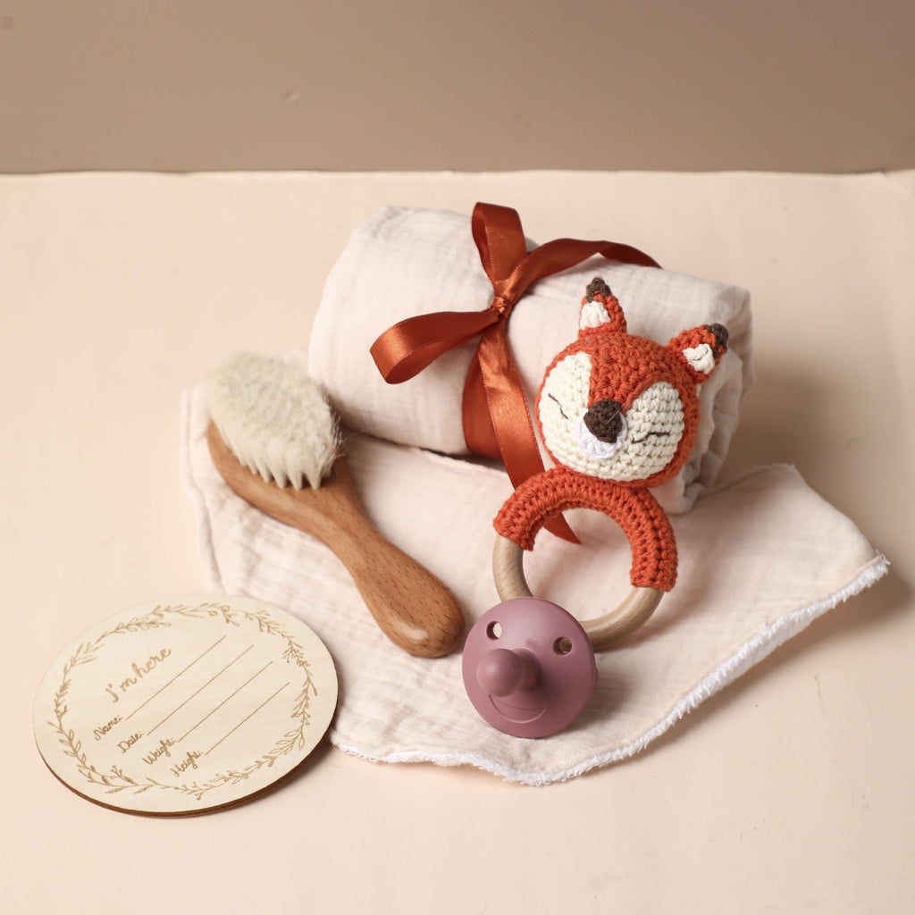Baby's Gift Set (Toy, Baby Bath Towel, Wool Brush, pacifier set, Bib, and Silicone Cradle Cap Brush)